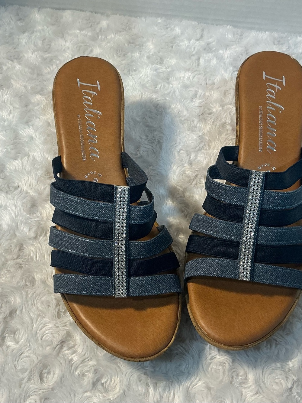 Black and Denim Strappy Slide Sandals with Rhinestone Trim